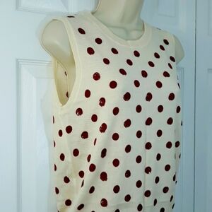 J.Crew 100% Wool Polka Dot Ivory and Red Sequined Top Sleeveless Size Medium